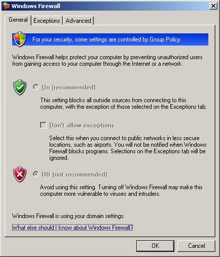 Windows firewall options greyed out by domain policy
